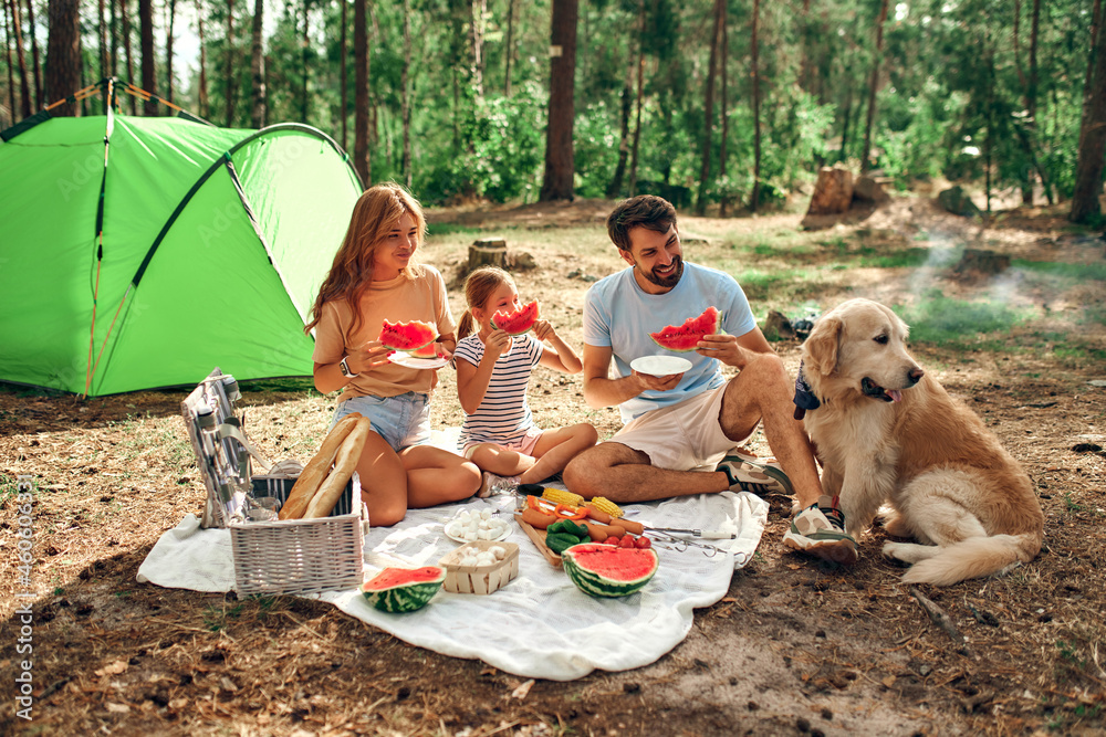 Φωτογραφία Happy family with a child and a dog at a picnic sit on a blanket near the tent and eat fried food and watermelon during the weekend in the forest