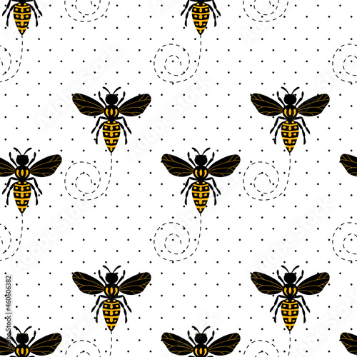 Seamless pattern with bees on white polka dots background. Small wasp. Vector illustration. Adorable cartoon character. Template design for invitation, cards, textile, fabric. Doodle style © Alla