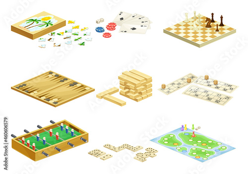 Board games set. Jenga, lotto, domino, football, chess, backgammon games flat vector illustration