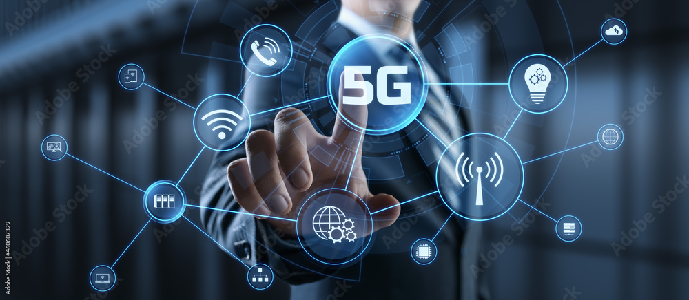 5G High-speed internet connection concept. Businessman pressing button on screen. 5G High-speed internet connection concept. Businessman pressing button on screen.