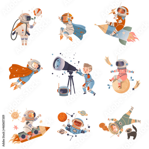 Boys and girls astronauts flying in space set. Design element can be used for children print, books, stickers, posters vector illustration
