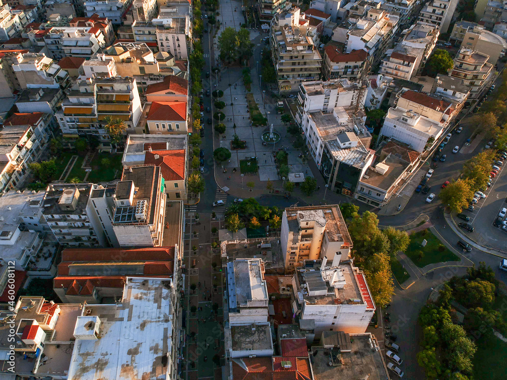 Beautiful panorama view over the center of Kalamata city, Greece. Aerial photography over Messenia, Greece, Europe