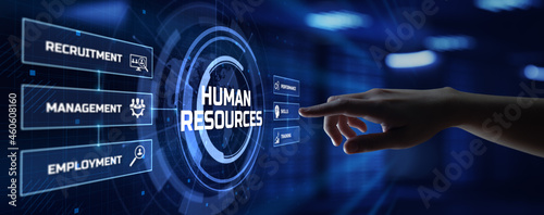 HR Human resources management Recruitment Headhunting. Hand pressing button on screen. photo