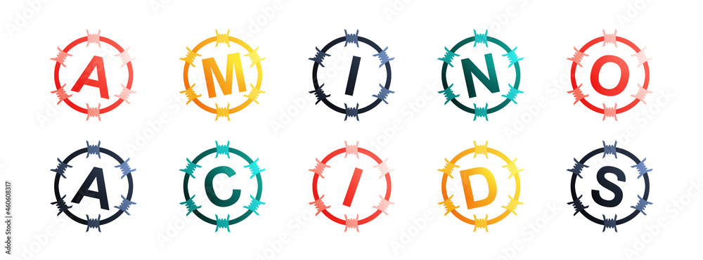 Amino Acids - text written in colorful circles on white background Amino Acids - text written in colorful circles on white background