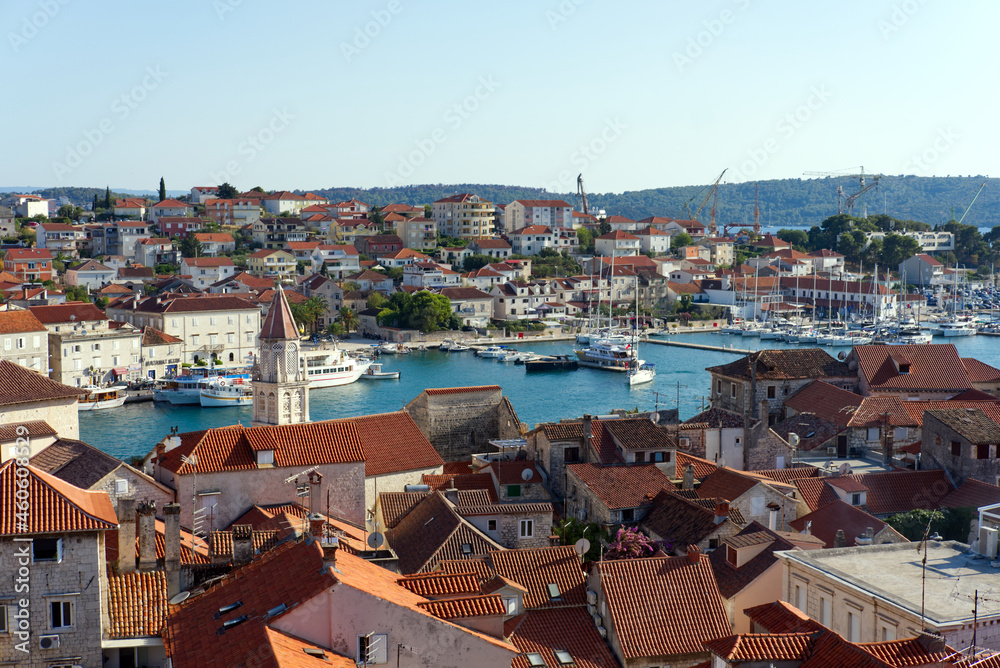 View of Trogir old town, UNESCO heritage site, shot from the bell tower os Saint Leonard Cathedral
