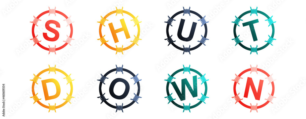 Shut Down - text written in colorful circles on white background Shut Down - text written in colorful circles on white background