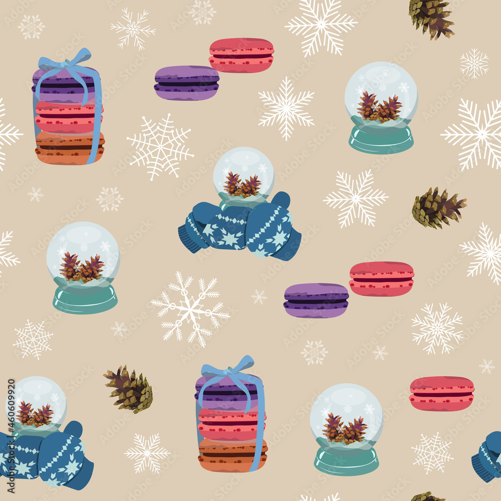 Christmas background with snow globes and cake on a beige background. Seamless vector illustration