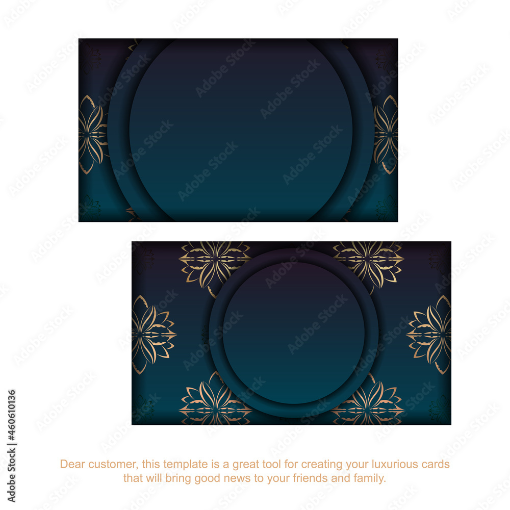 Blue gradient business card with abstract gold ornaments for your brand.