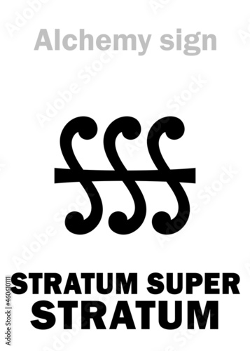 Alchemy Alphabet: STRATUM SUPER STRATUM (i.e. in Latin: «Layer on Layer»), alchemical prescript (Recipe), abbreviated: SSS. Alchemical sign, Pharmaceutical symbol.