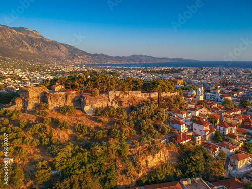 Aerial view around the castle hill area and the Metropolitan church of Ypapanti in the old historical town of the seaside Kalamata city, Greece photo