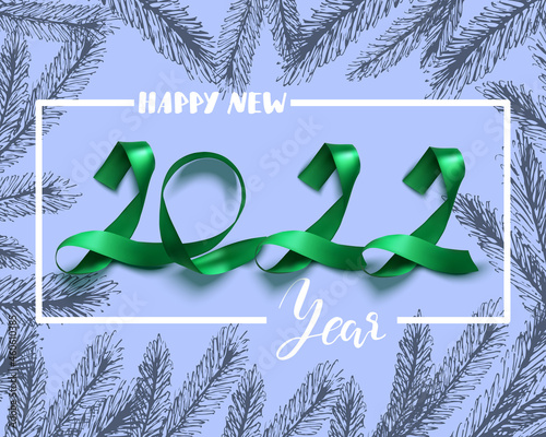 Happy New Year 2022 qoute, numbers made with green ribbon on blue background with fir branches, vector illustration