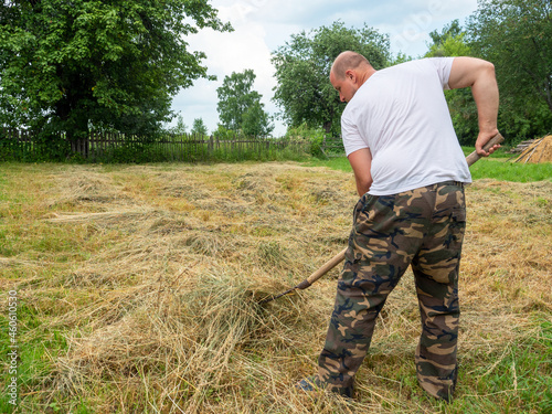 A middle-aged man, dressed in trousers and a T-shirt, collects grass in a haystack with a fork. The concept of working in rural areas, harvesting livestock feed