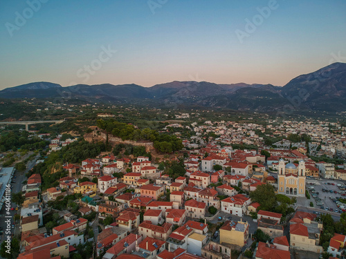 Aerial view around the castle hill area and the Metropolitan church of Ypapanti in the old historical town of the seaside Kalamata city, Greece photo