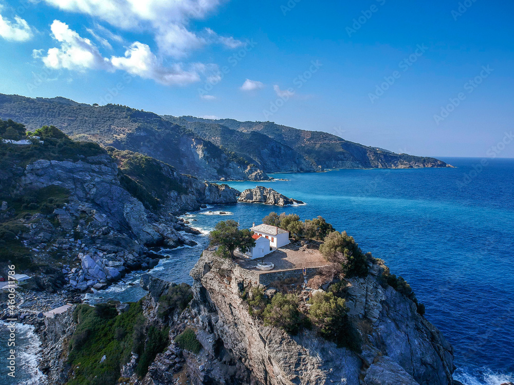 Aerial view of the famous small church Agios Ioannis in Skopelos where scenes of Mamma Mia were filmed. Its located in the region of Kastri, about 7km east of Glossa, northern Skopelos Sporades Greece