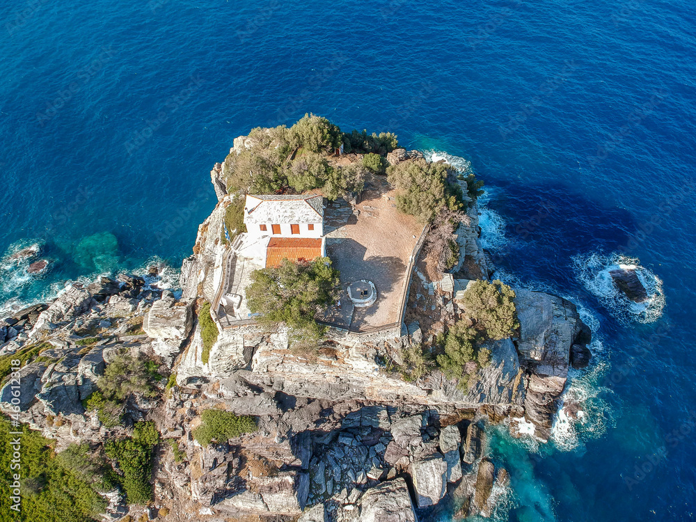 Aerial view of the famous small church Agios Ioannis in Skopelos where scenes of Mamma Mia were filmed. Its located in the region of Kastri, about 7km east of Glossa, northern Skopelos Sporades Greece