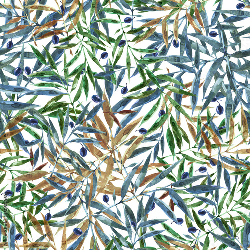 Seamless pattern of scattered branches of an olive tree with berries. Colorful texture for any kind of design. Graphic abstract background. You can use a bright summer print for your design.