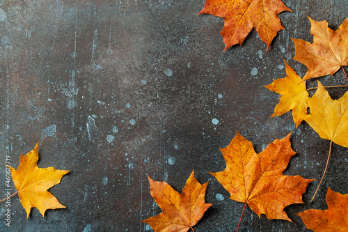 Autumn background with fall maple leaves on rusted metallic surface