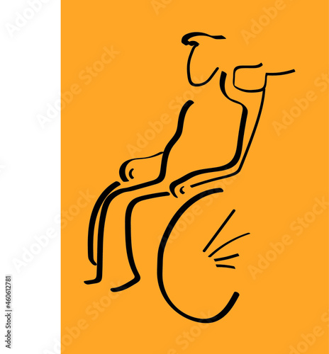 Black drawing on a colored background of a person sitting in a wheelchair
