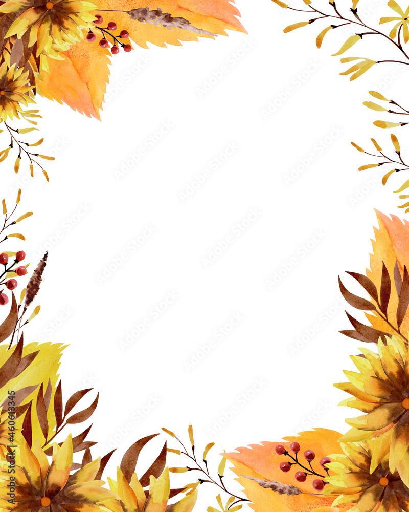 Hand-drawn colorful watercolor floral autumn frame for postcards and invitations on a white background.