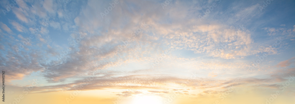 Sunlight, clouds and pastel blue sky background, panoramic angle view sky  white cloud and bright sun for background Stock-Foto | Adobe Stock