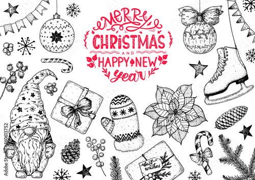 Christmas greeting card. Illustration for a festive Christmas mood. Hand drawn sketch. Vintage design elements. Vector illustration. Invitation design template. Sketch collection.