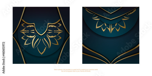 Greeting flyer template with gradient blue color with luxurious gold pattern prepared for typography.