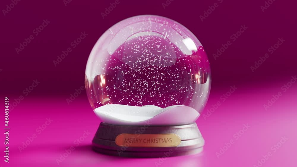 Falling snow inside glass snow globe. Dynamic white sparkles, snowflakes inside. Merry Christmas, New Year mood. Traditional souvenir. Close up animation. Pink background. 3D Render. Seamless loop 4K
