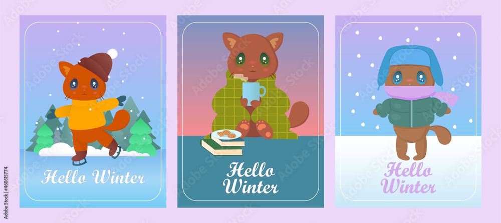 A set of winter cards with images of cute cats: wrapped in a blanket with a cup of tea, skating in the snow, wearing a hat and jacket, creepy. Hello winter. Winter season, New Year, greeting cards.