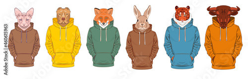 Set of illustrations of anthropomorphic animals wearing hoodies. Cat, dog, fox, rabbit, tiger, bull. Vector illustration in line art style. Print for T-shirts, stationery.