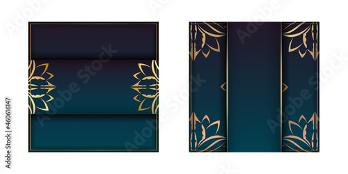 Greeting Flyer template with gradient blue color with abstract gold pattern prepared for printing.