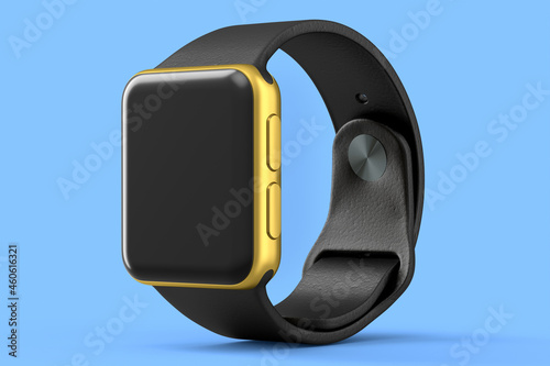 Stainless gold smart watch or fitness tracker isolated on blue background.