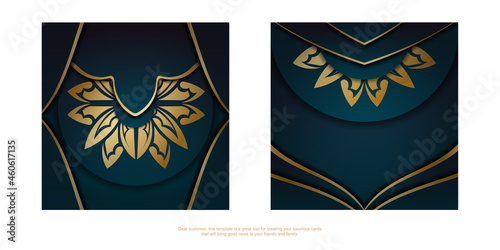 Greeting Flyer Template with gradient blue color with Greek gold ornaments prepared for printing.
