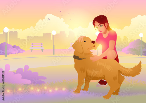 Girl with her golden retriever in the city park during sunrise