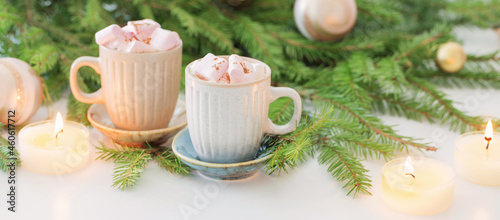 two cups of coffee with marshmallow and christmas fir branches