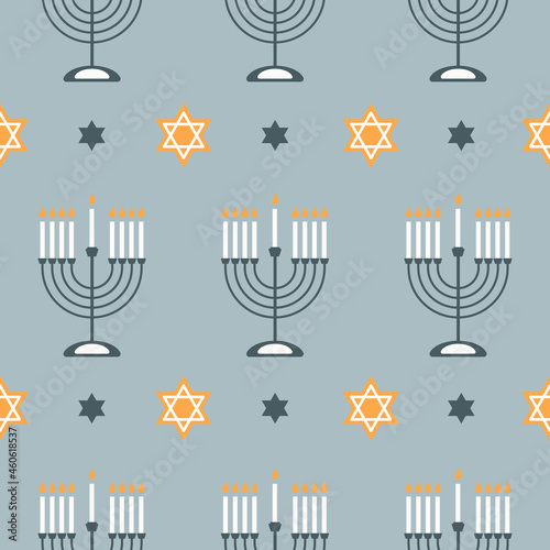 Happy Hanukkah seamless pattern with creative symbols on blue background. Modern festive design for wallpaper, wrapping paper, fabric, banner. Vector illustration	