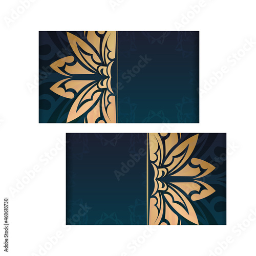 Brochure template with gradient blue color with vintage gold ornament for your design.