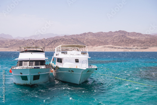 Luxury yachts. Landscape seascape Egypt coastline Sinai Rocky Mountains Africa. © Maryna