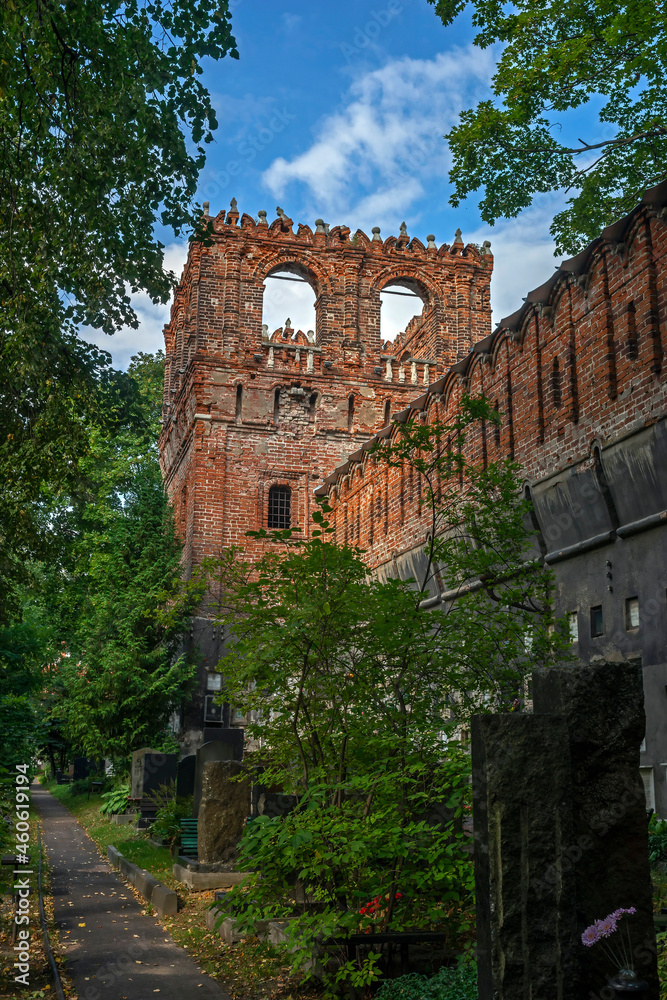 Monastery wall and tower. Donskoy monastery in Moscow