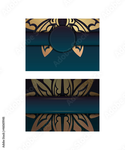 Brochure template with gradient blue color with mandala gold pattern prepared for printing.
