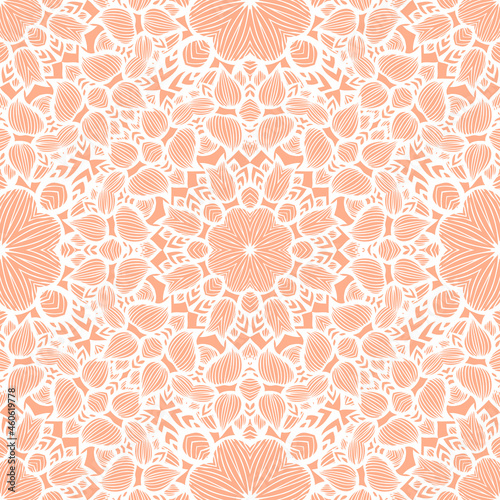 White and Peachy Lacy Ornamental Seamless Pattern. Vector Illustration.