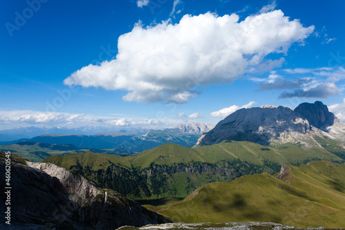 Italian Dolomites, Sassolungo peak view in summer day