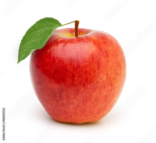 fresh red apple with leaves isolated on white background, cut out.