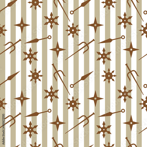 Seamless pattern with ninja weapons. Endless japan background with suriken, sai and kunaj. Vector illustration