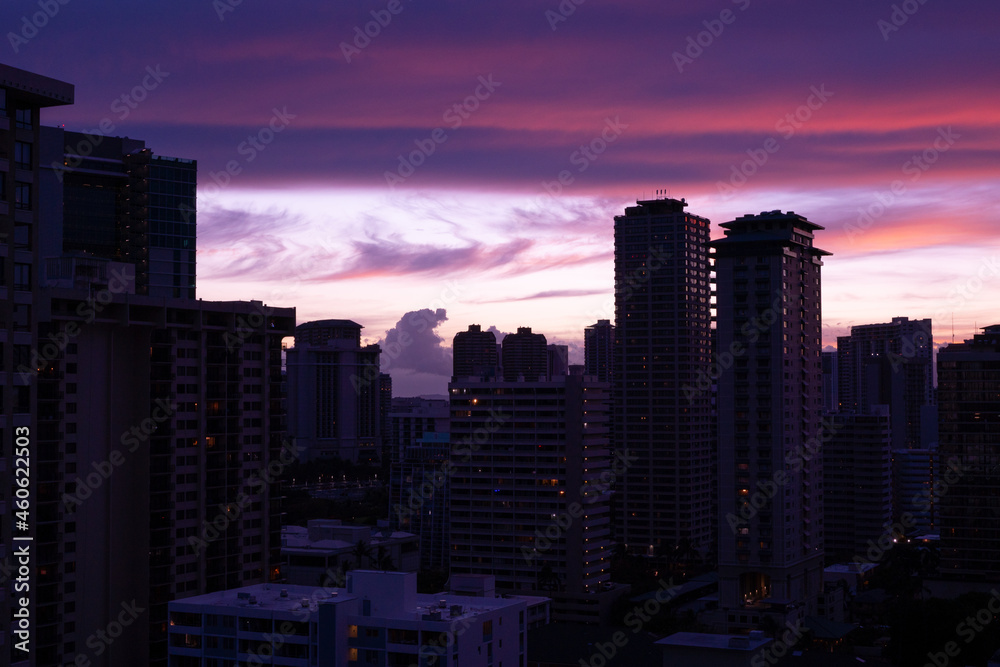 Beautiful sky at sunset in Waikiki, Honolulu, Oahu, Hawaii