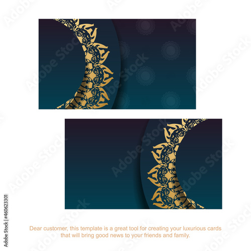 Business card with gradient blue color with abstract gold pattern for your personality.