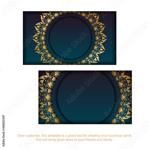 Visiting business card with gradient blue color with abstract gold ornament for your contacts.