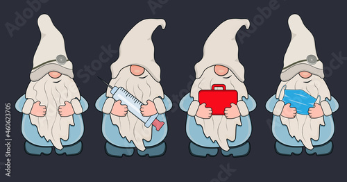 Doctor Gnomes with a medical mask, a syringe and a medical bag in his hands. Vector illustration
