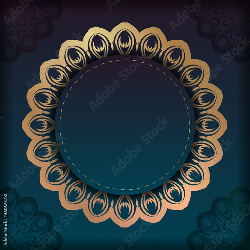 Flyer template with gradient blue color with mandala gold pattern prepared for printing.