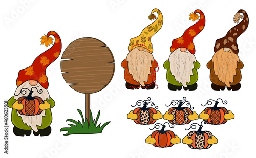 Autumn Gnomes with pumpkin and wooden banner. Illustration constructor. A set of gnomes and additional items