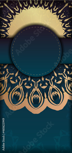Flyer template with gradient blue color with mandala gold ornament prepared for printing.